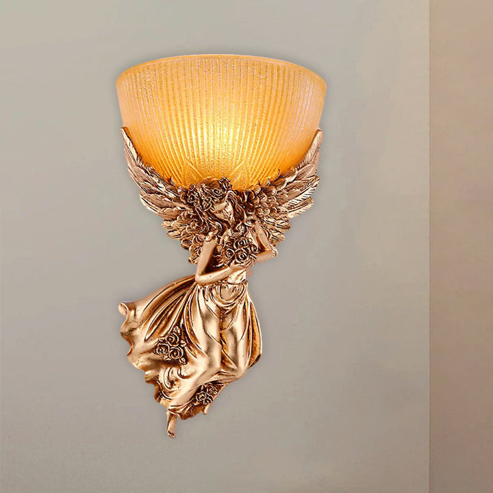 Skørter | Single Bulb Angel Wall Light Rustic Gold Resin Wall Mounted Lamp with Amber Fluted Glass Shade, Right