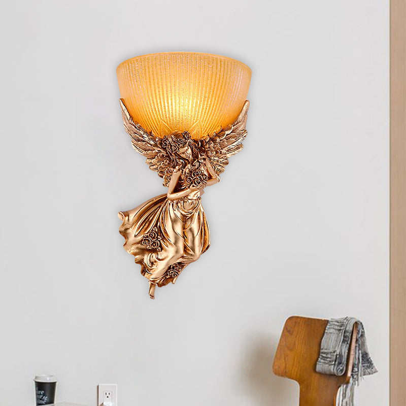 Skørter | Single Bulb Angel Wall Light Rustic Gold Resin Wall Mounted Lamp with Amber Fluted Glass Shade, Right