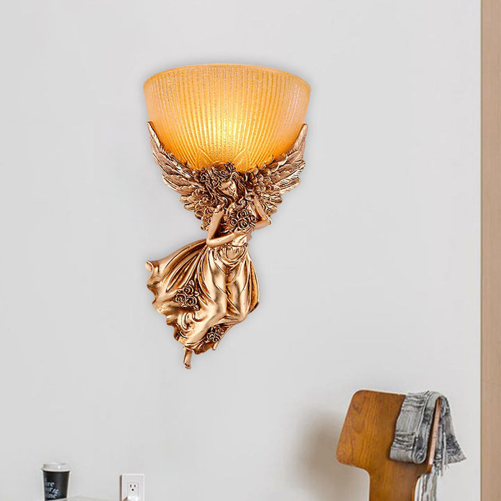 Skørter | Single Bulb Angel Wall Light Rustic Gold Resin Wall Mounted Lamp with Amber Fluted Glass Shade, Right