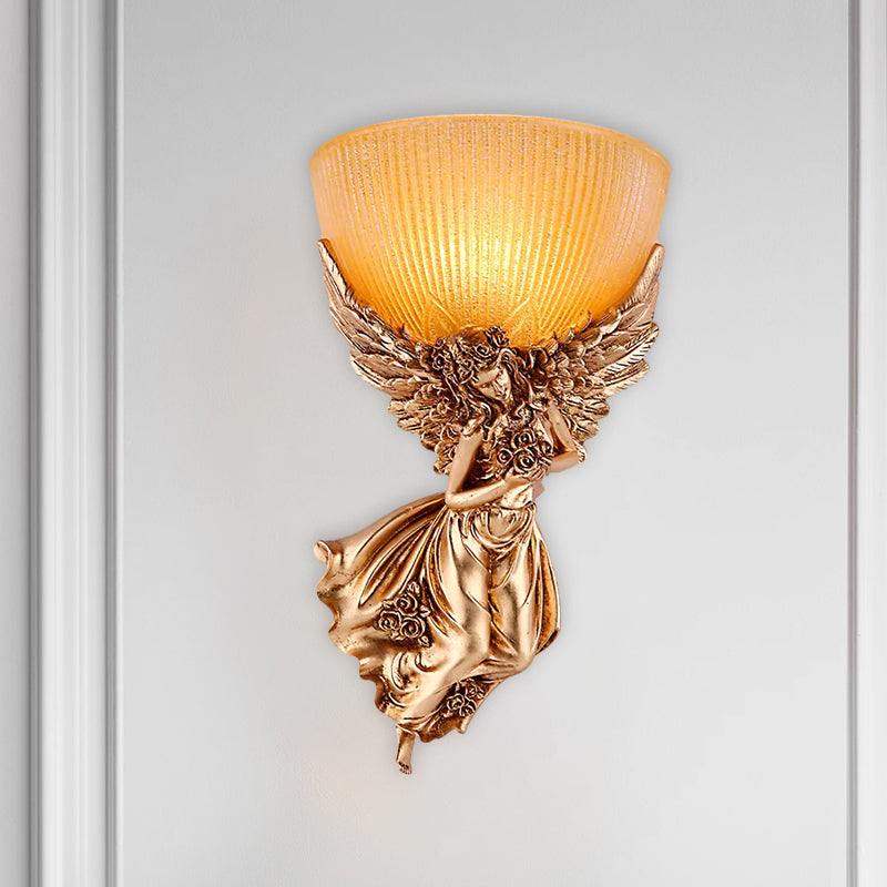 Skørter | Single Bulb Angel Wall Light Rustic Gold Resin Wall Mounted Lamp with Amber Fluted Glass Shade, Right