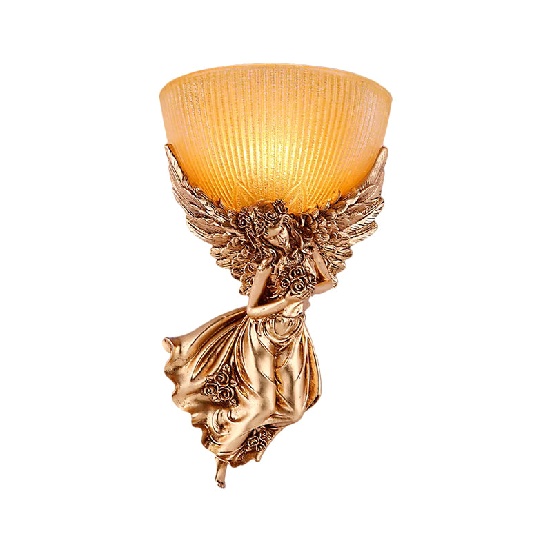 Skørter | Single Bulb Angel Wall Light Rustic Gold Resin Wall Mounted Lamp with Amber Fluted Glass Shade, Right