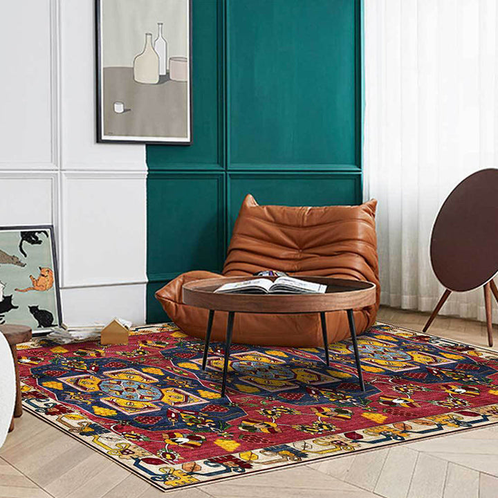 Lisslune | Red Vintage Carpet Polyester Tribal Pattern Carpet Washable Non-Slip Back Carpet for Living Room