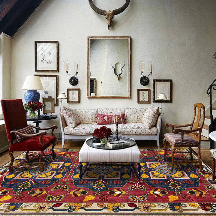 Lisslune | Red Vintage Carpet Polyester Tribal Pattern Carpet Washable Non-Slip Back Carpet for Living Room