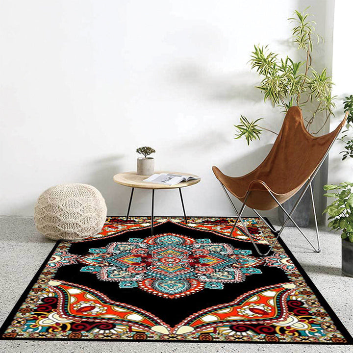 Lisslune | Mediterranean Moroccan carpet in red and black medallion floral pattern carpet polyester non-slip flooring for living room decoration