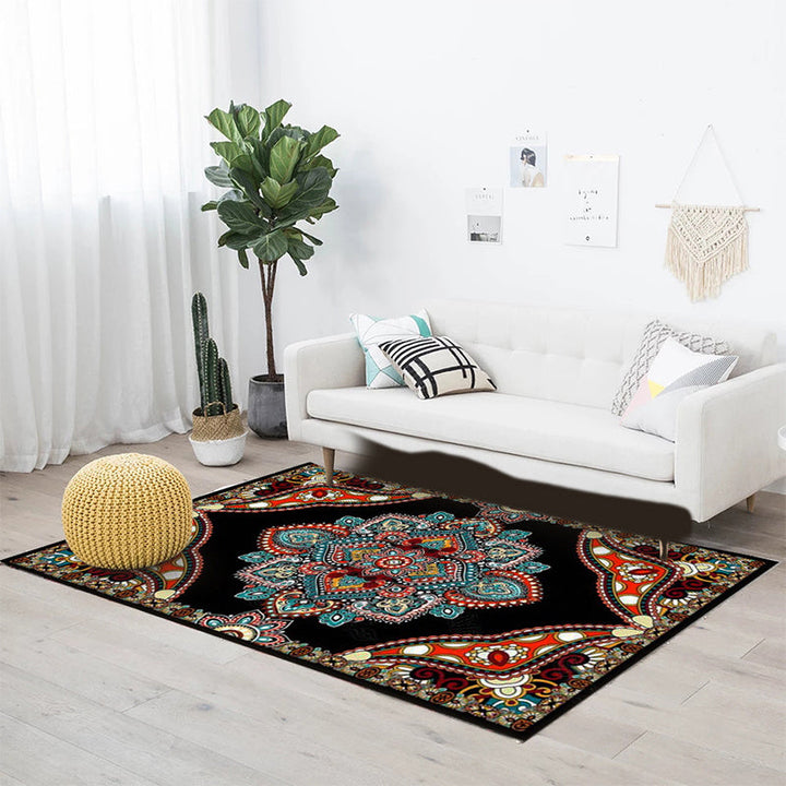Lisslune | Mediterranean Moroccan carpet in red and black medallion floral pattern carpet polyester non-slip flooring for living room decoration