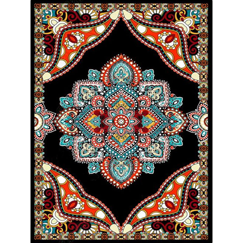 Lisslune | Mediterranean Moroccan carpet in red and black medallion floral pattern carpet polyester non-slip flooring for living room decoration