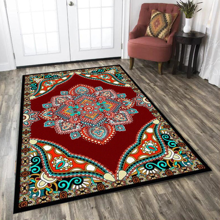 Lisslune | Mediterranean Moroccan carpet in red and black medallion floral pattern carpet polyester non-slip flooring for living room decoration