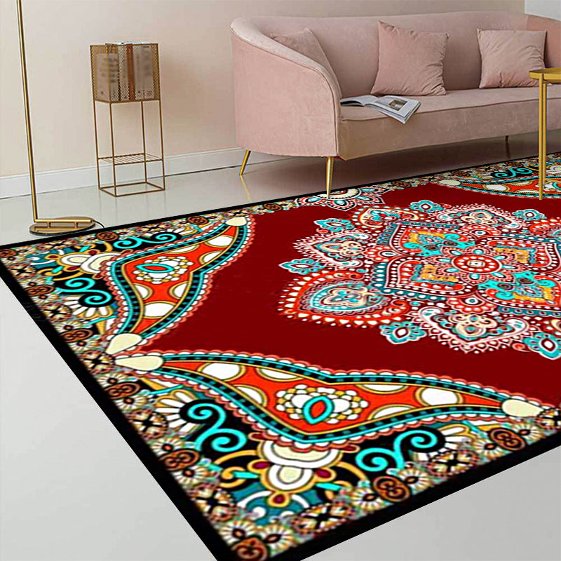 Lisslune | Mediterranean Moroccan carpet in red and black medallion floral pattern carpet polyester non-slip flooring for living room decoration