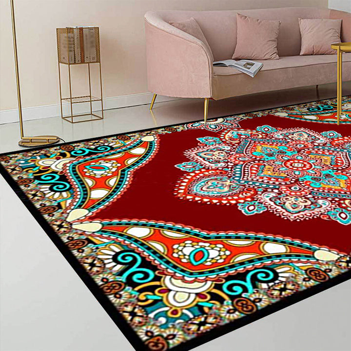 Lisslune | Mediterranean Moroccan carpet in red and black medallion floral pattern carpet polyester non-slip flooring for living room decoration