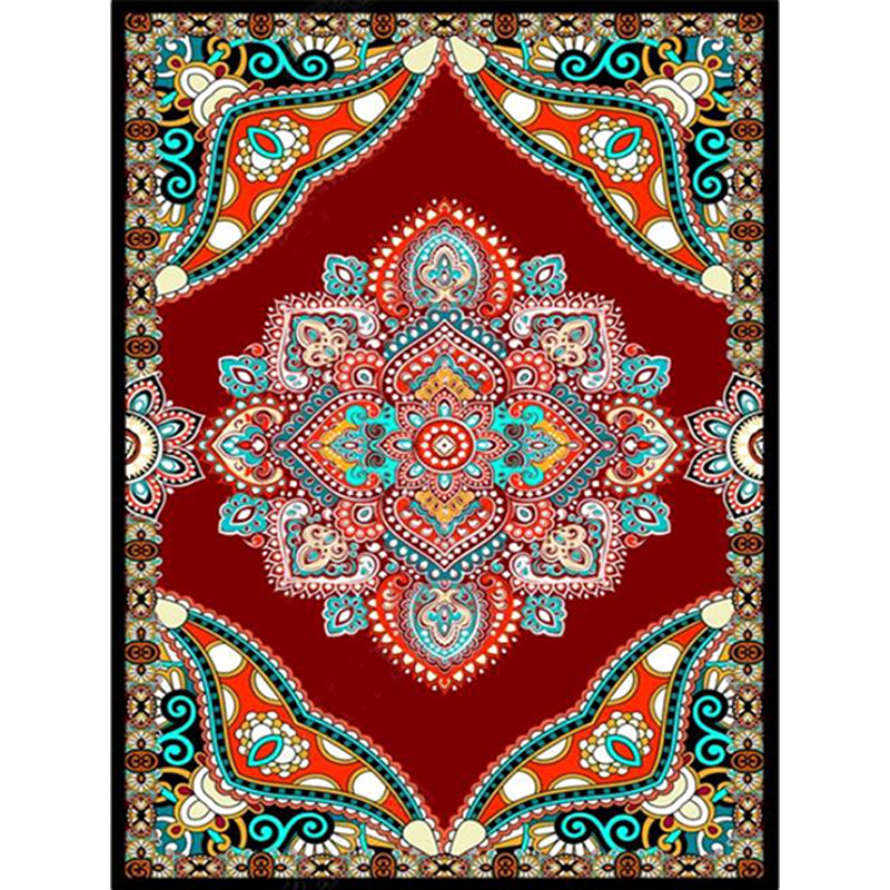 Lisslune | Mediterranean Moroccan carpet in red and black medallion floral pattern carpet polyester non-slip flooring for living room decoration