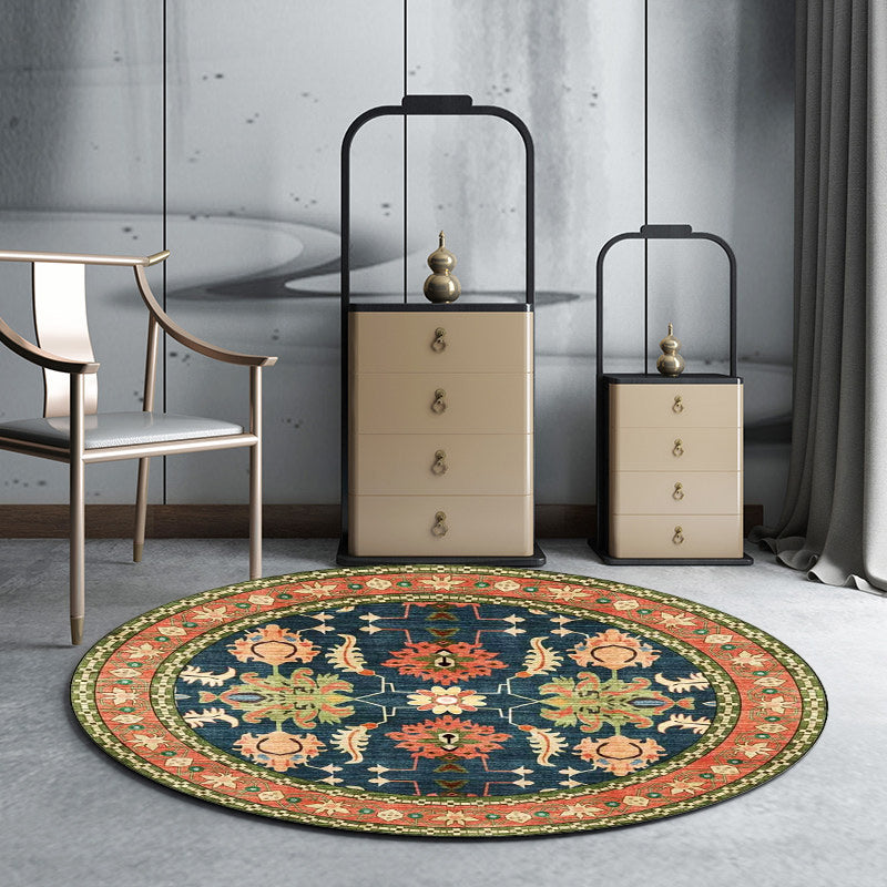 Lisslune | Persian medallion pattern rug with floral blue and green polyester, machine washable, non-slip rug for the bedroom