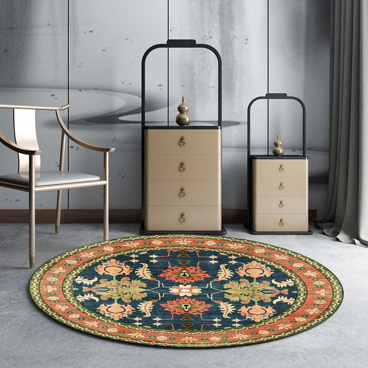 Lisslune | Persian medallion pattern rug with floral blue and green polyester, machine washable, non-slip rug for the bedroom