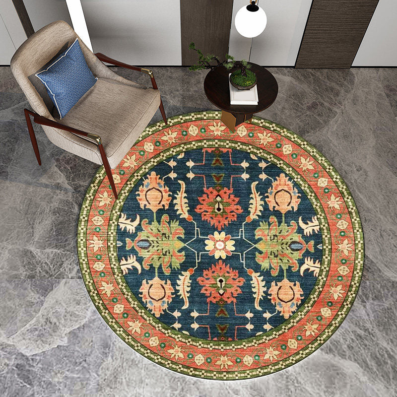 Lisslune | Persian medallion pattern rug with floral blue and green polyester, machine washable, non-slip rug for the bedroom