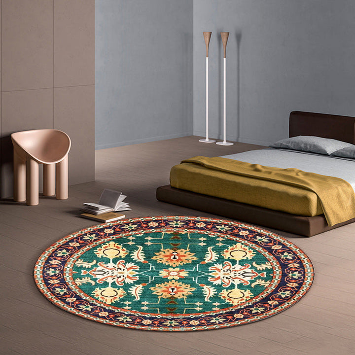 Lisslune | Persian medallion pattern rug with floral blue and green polyester, machine washable, non-slip rug for the bedroom
