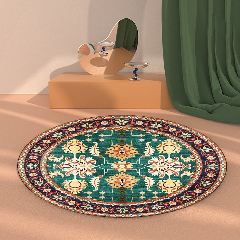 Lisslune | Persian medallion pattern rug with floral blue and green polyester, machine washable, non-slip rug for the bedroom