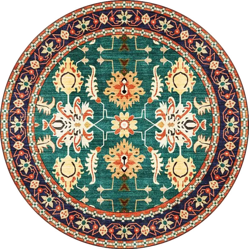 Lisslune | Persian medallion pattern rug with floral blue and green polyester, machine washable, non-slip rug for the bedroom