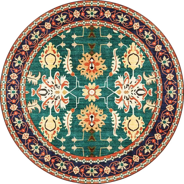 Lisslune | Persian medallion pattern rug with floral blue and green polyester, machine washable, non-slip rug for the bedroom