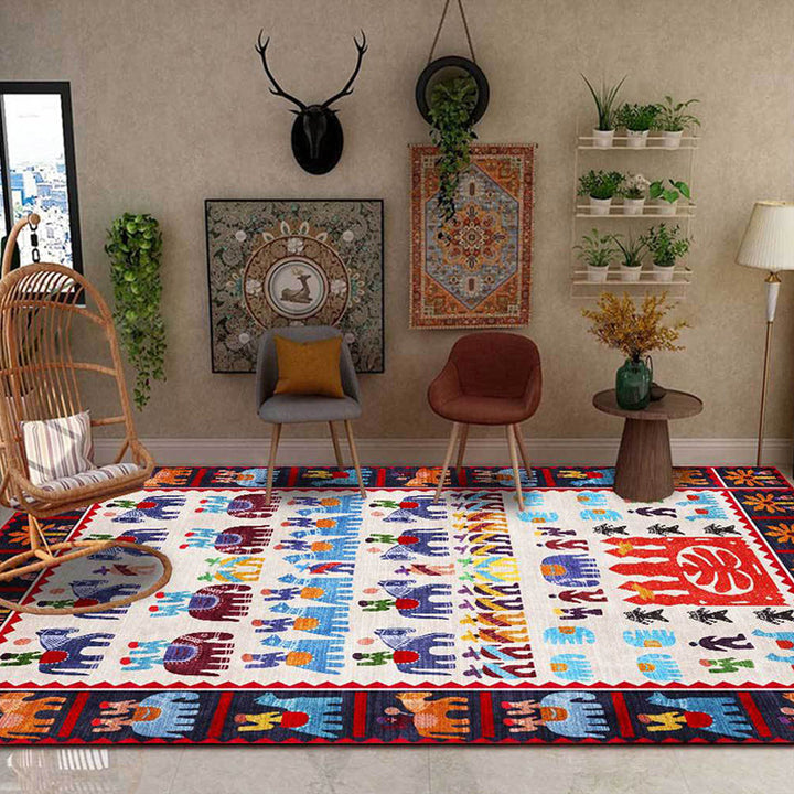 Lisslune | Black Multicolor Sou'wester Carpet Polyester Tribal Character and Animal Pattern Carpet Washable Non-Slip Back Carpet for Living Room