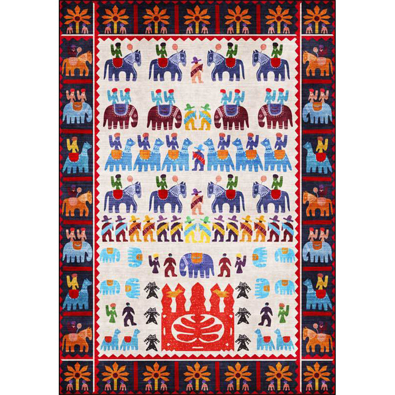 Lisslune | Black Multicolor Sou'wester Carpet Polyester Tribal Character and Animal Pattern Carpet Washable Non-Slip Back Carpet for Living Room