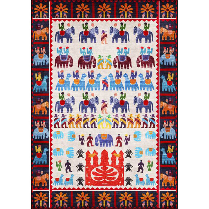 Lisslune | Black Multicolor Sou'wester Carpet Polyester Tribal Character and Animal Pattern Carpet Washable Non-Slip Back Carpet for Living Room