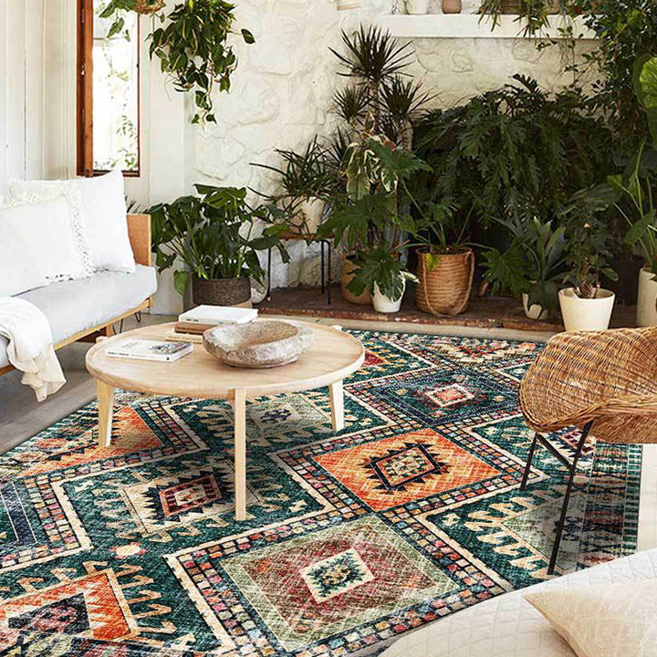 Lisslune | Retro Tribal Pattern Rug Green Polyester Rug Machine Washable Non-Slip Backing Living Room Rug for Living Room