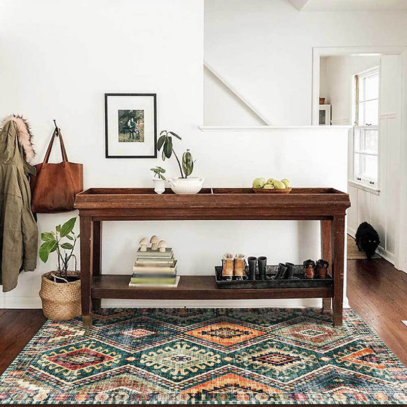 Lisslune | Retro Tribal Pattern Rug Green Polyester Rug Machine Washable Non-Slip Backing Living Room Rug for Living Room