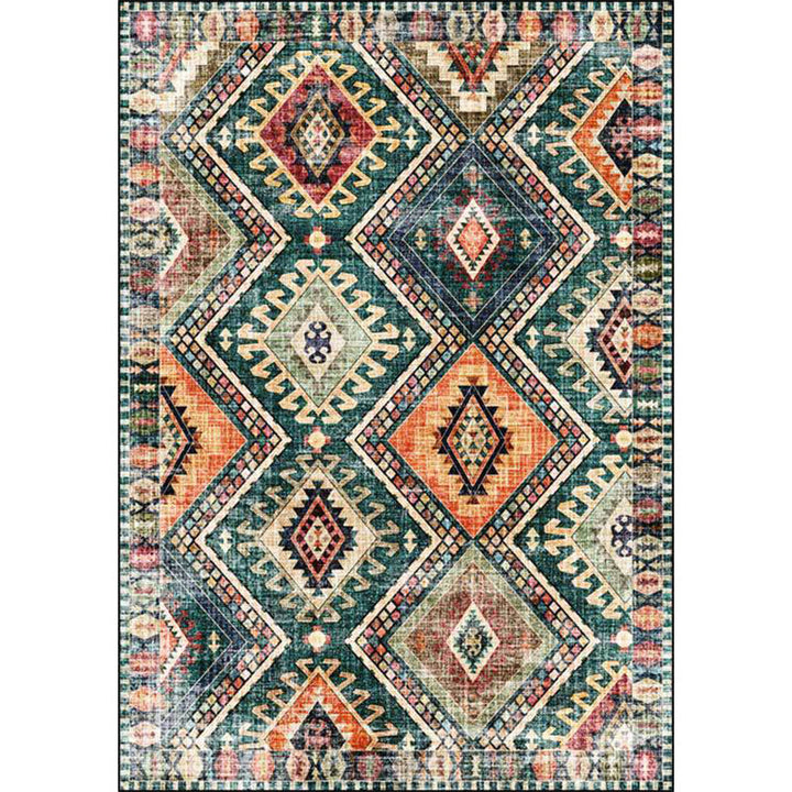 Lisslune | Retro Tribal Pattern Rug Green Polyester Rug Machine Washable Non-Slip Backing Living Room Rug for Living Room
