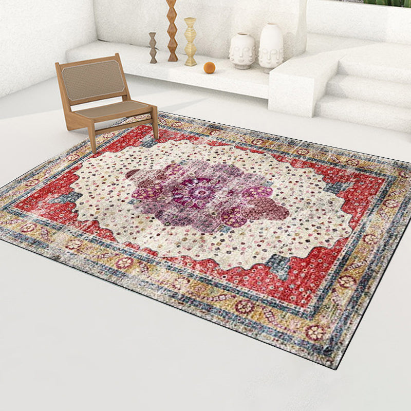 Lisslune | Red Bedroom Carpet Moroccan Medallion Floral Dot Pattern Carpet Polyester Pet-Friendly Carpet