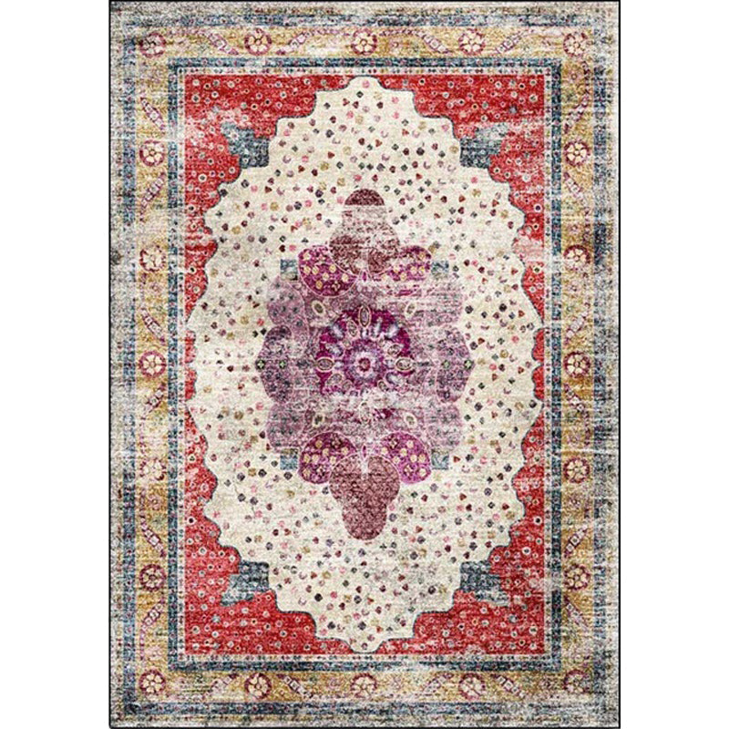 Lisslune | Red Bedroom Carpet Moroccan Medallion Floral Dot Pattern Carpet Polyester Pet-Friendly Carpet