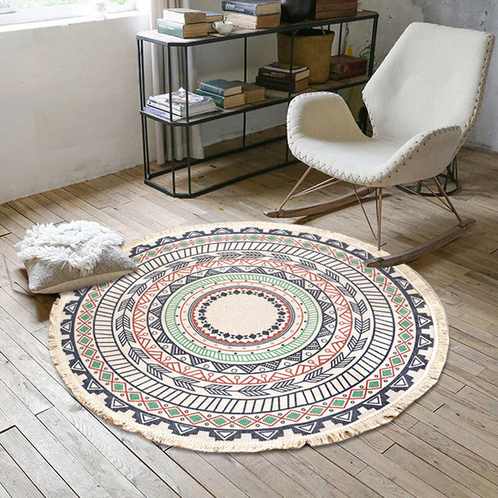 Lisslune | White Southwestern Carpet Linen Floral and Concentrated Circles Pattern Carpet Washable Carpet for Living Room