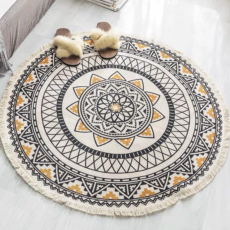 Lisslune | White Southwestern Carpet Linen Floral and Concentrated Circles Pattern Carpet Washable Carpet for Living Room