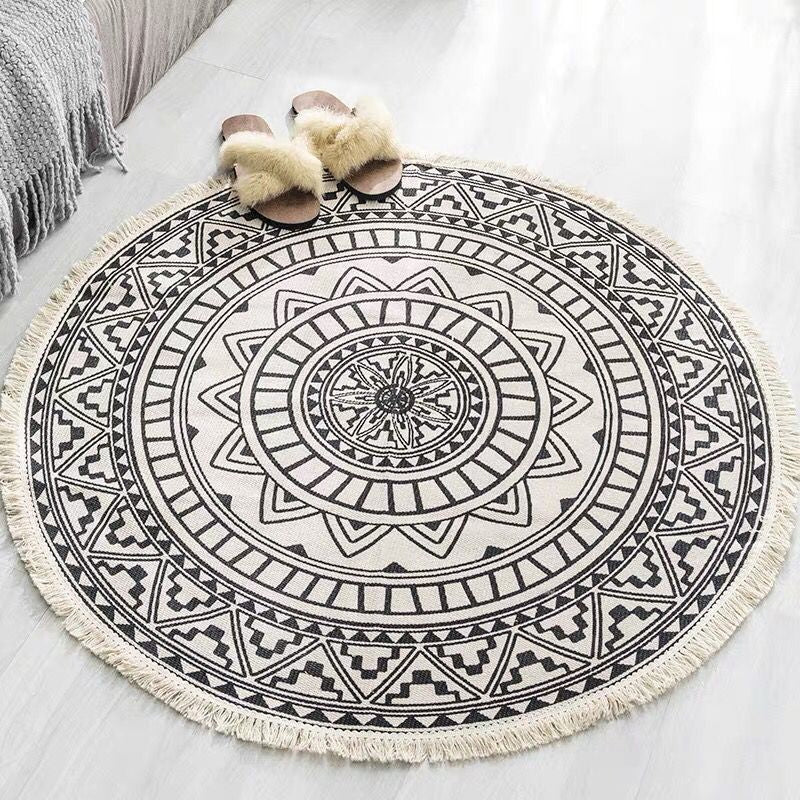 Lisslune | White Southwestern Carpet Linen Floral and Concentrated Circles Pattern Carpet Washable Carpet for Living Room