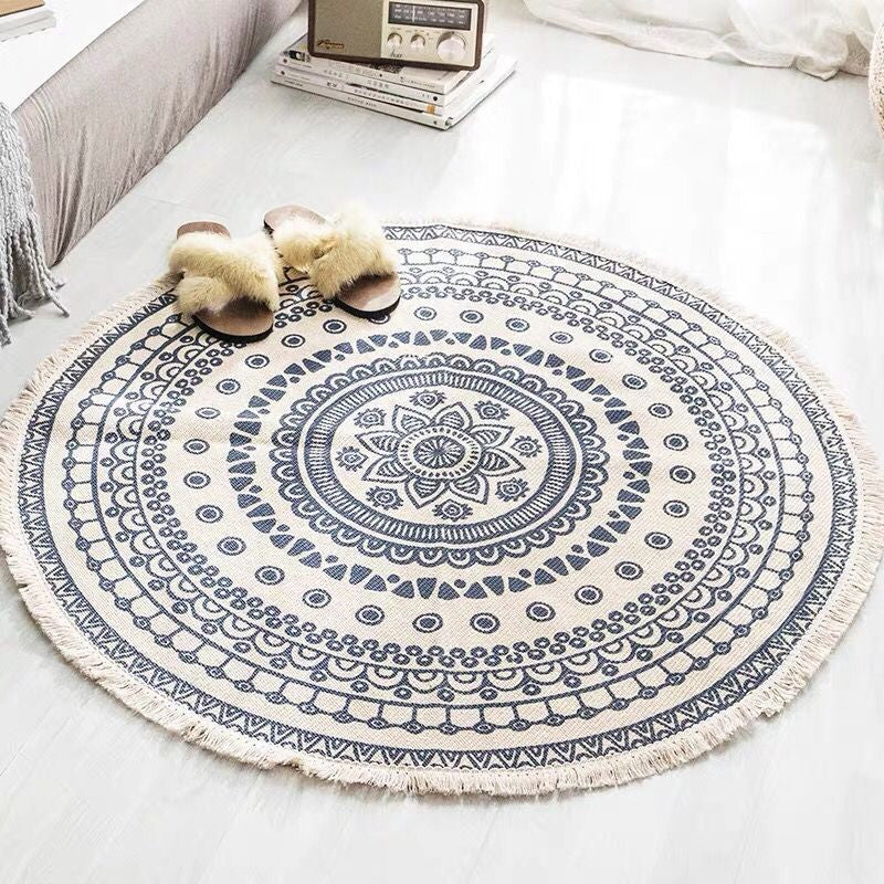 Lisslune | White Southwestern Carpet Linen Floral and Concentrated Circles Pattern Carpet Washable Carpet for Living Room