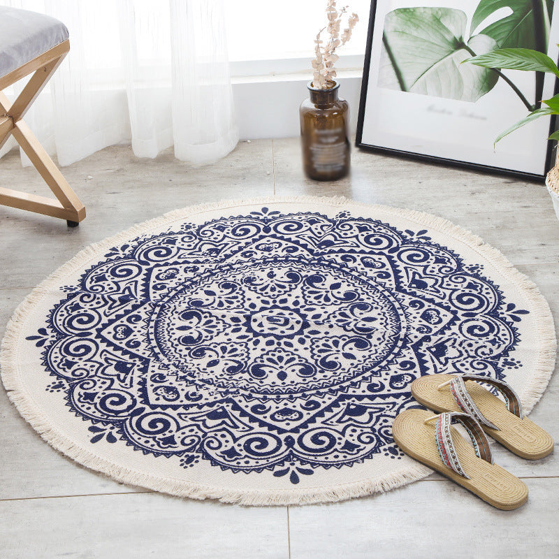 Lisslune | White Southwestern Carpet Linen Floral and Concentrated Circles Pattern Carpet Washable Carpet for Living Room