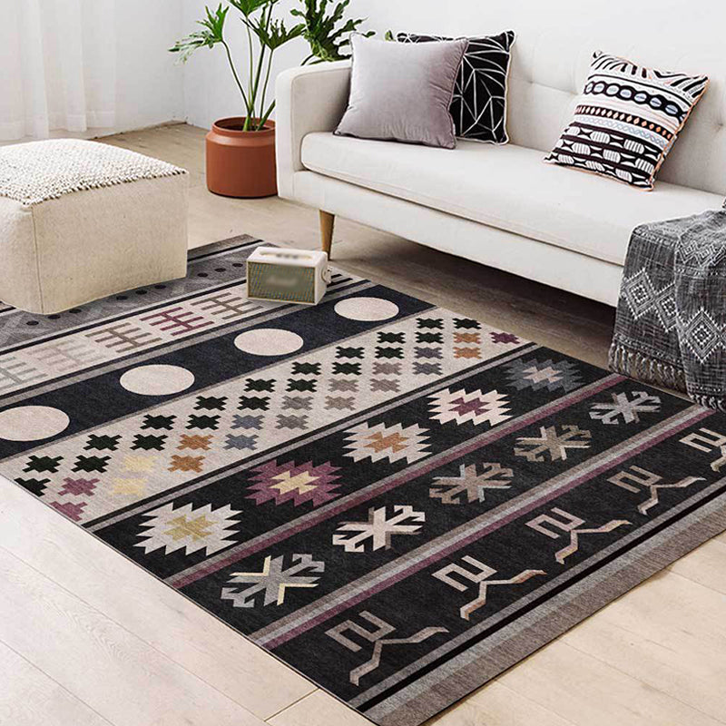 Lisslune | Black Southwestern Rug Polyester Tribal Pattern Rug Washable Non-Slip Backing Rug for Living Room