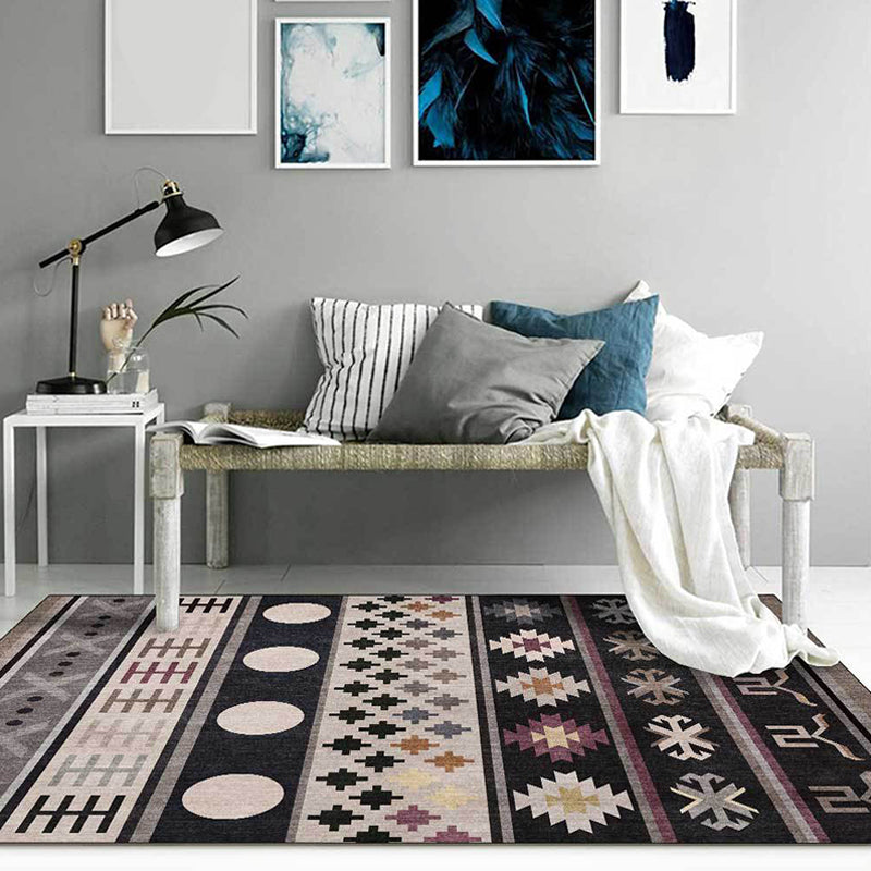 Lisslune | Black Southwestern Rug Polyester Tribal Pattern Rug Washable Non-Slip Backing Rug for Living Room