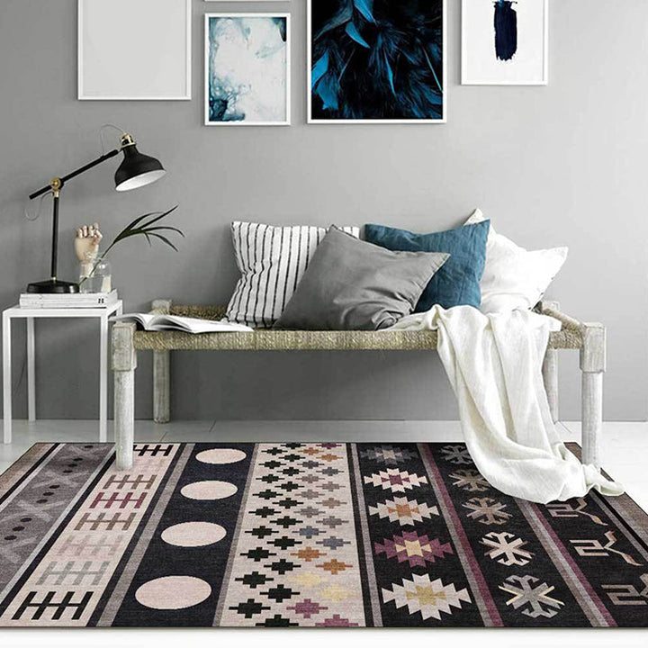 Lisslune | Black Southwestern Rug Polyester Tribal Pattern Rug Washable Non-Slip Backing Rug for Living Room