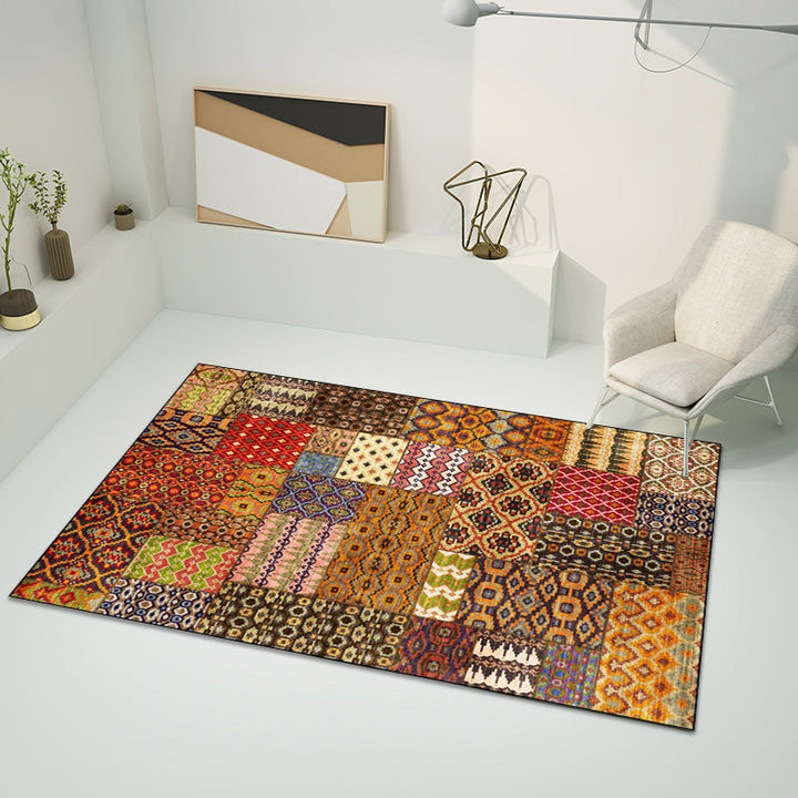 Lisslune | Retro ethnic pattern rug Brown polyester rug machine washable non-slip backing area rug for living room