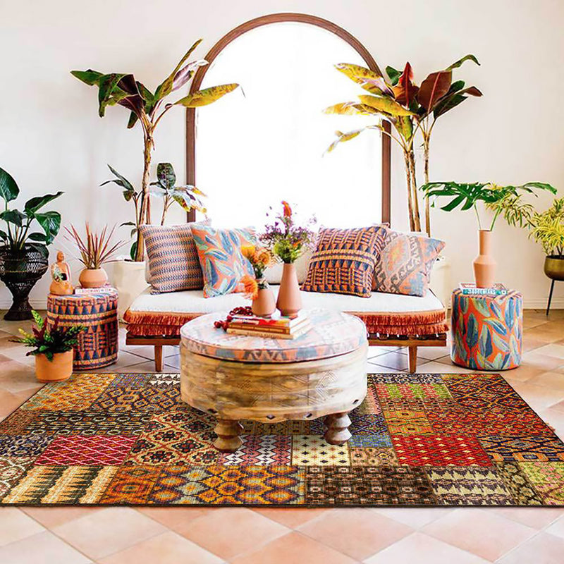 Lisslune | Retro ethnic pattern rug Brown polyester rug machine washable non-slip backing area rug for living room