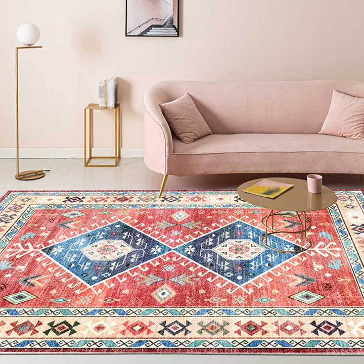 Lisslune | Classic tribal pattern carpet light red southwest carpet polyester machine washable non-slip back carpet for bedroom