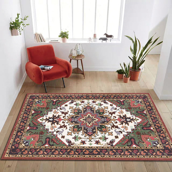 Lisslune | Oriental Moroccan Carpet in Red and Green Medallion Flower Petal Pattern Carpet Polyester Non-slip Doormat for Home Decor