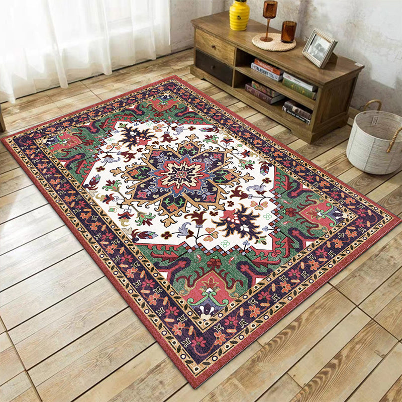 Lisslune | Oriental Moroccan Carpet in Red and Green Medallion Flower Petal Pattern Carpet Polyester Non-slip Doormat for Home Decor