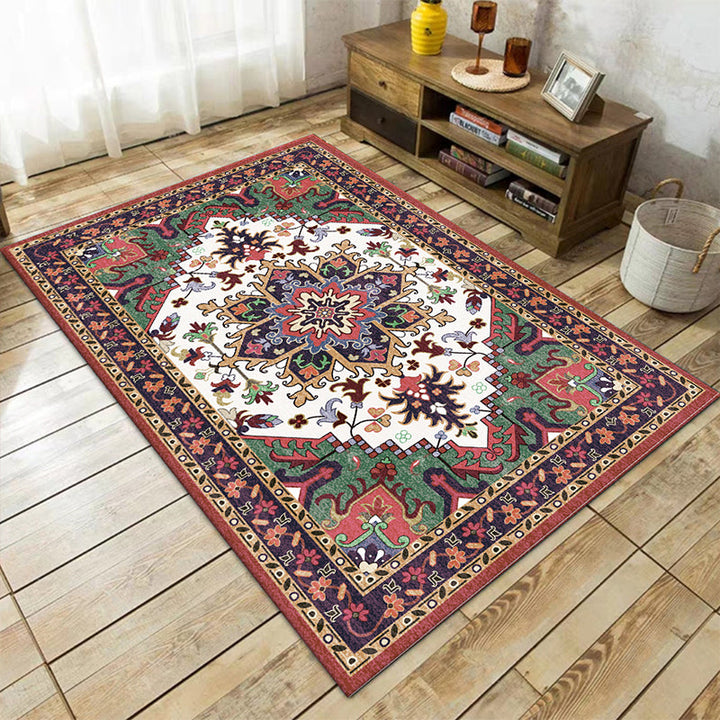 Lisslune | Oriental Moroccan Carpet in Red and Green Medallion Flower Petal Pattern Carpet Polyester Non-slip Doormat for Home Decor