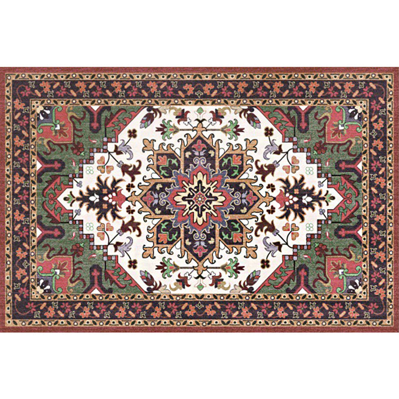 Lisslune | Oriental Moroccan Carpet in Red and Green Medallion Flower Petal Pattern Carpet Polyester Non-slip Doormat for Home Decor