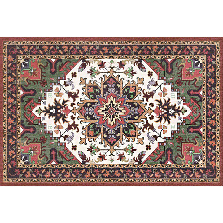 Lisslune | Oriental Moroccan Carpet in Red and Green Medallion Flower Petal Pattern Carpet Polyester Non-slip Doormat for Home Decor