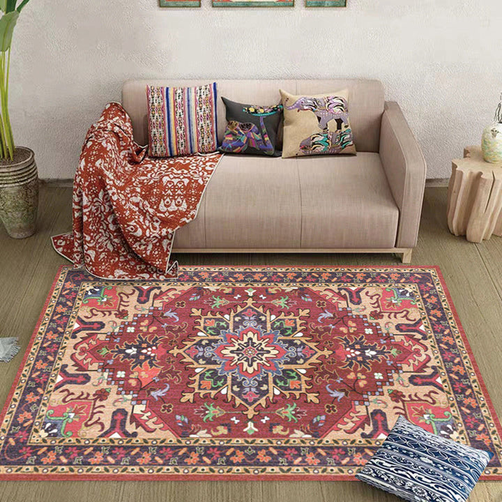 Lisslune | Oriental Moroccan Carpet in Red and Green Medallion Flower Petal Pattern Carpet Polyester Non-slip Doormat for Home Decor