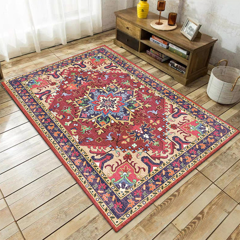 Lisslune | Oriental Moroccan Carpet in Red and Green Medallion Flower Petal Pattern Carpet Polyester Non-slip Doormat for Home Decor
