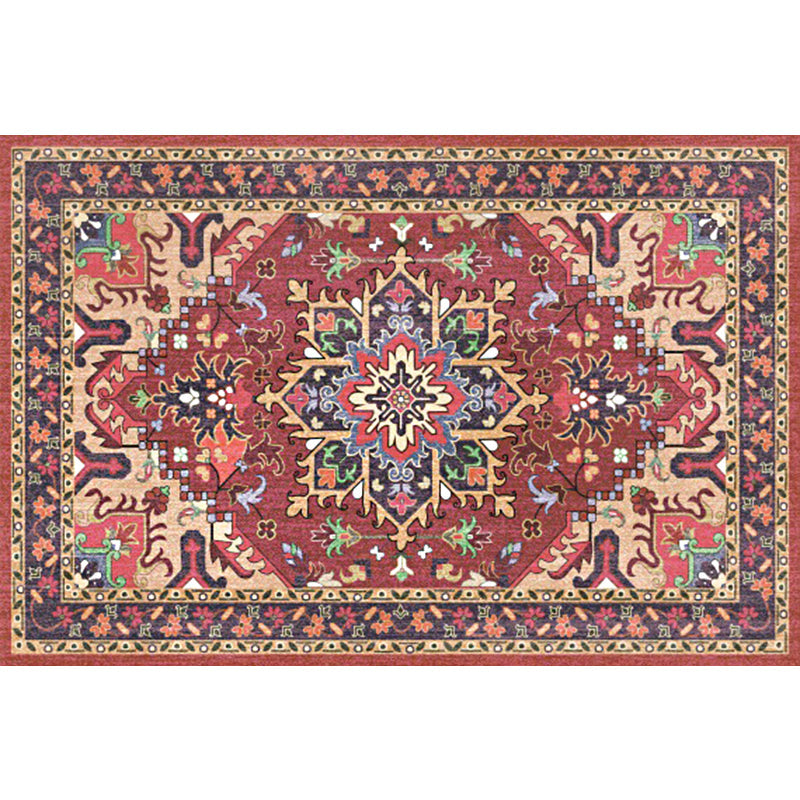 Lisslune | Oriental Moroccan Carpet in Red and Green Medallion Flower Petal Pattern Carpet Polyester Non-slip Doormat for Home Decor