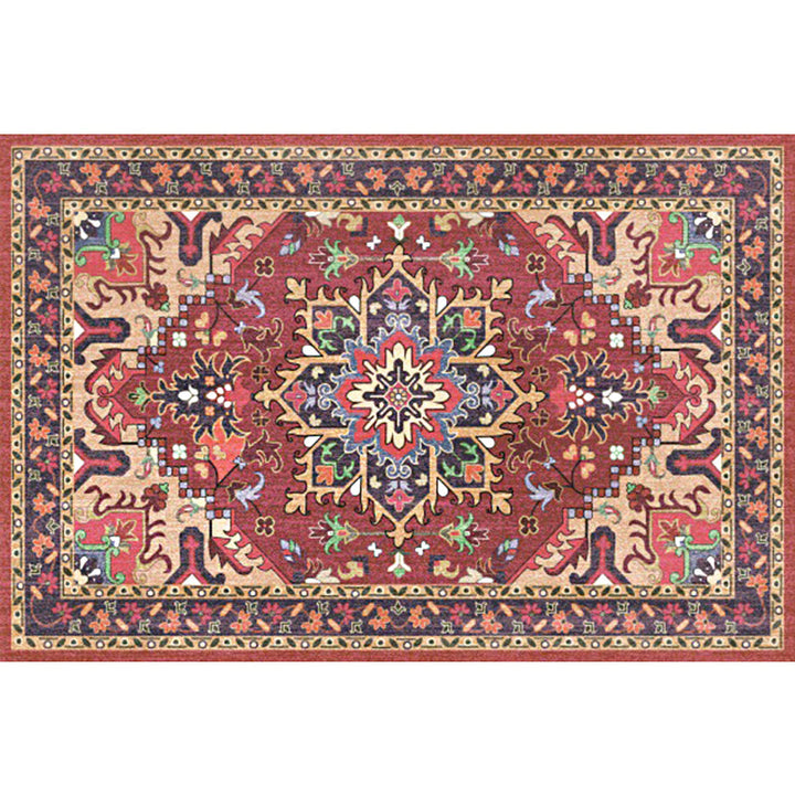 Lisslune | Oriental Moroccan Carpet in Red and Green Medallion Flower Petal Pattern Carpet Polyester Non-slip Doormat for Home Decor