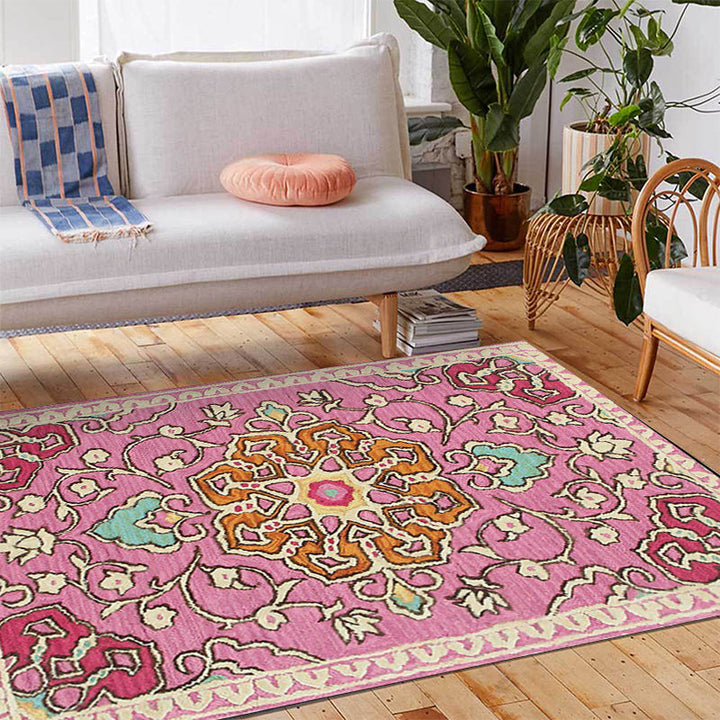 Lisslune | Moroccan living room rug in pink medallion floral pattern rug polyester machine washable non-slip rug